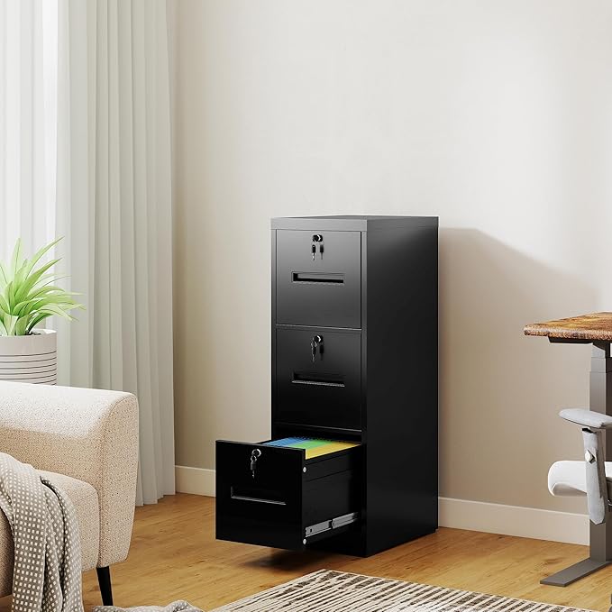3 Drawer File Cabinet with 3 Locks, Metal Filing Cabinet Heavy Duty Vertical File Cabinets for Home Office, Steel File Storage Cabinets for Letter/Legal File Folders, Assembly Required (Black)