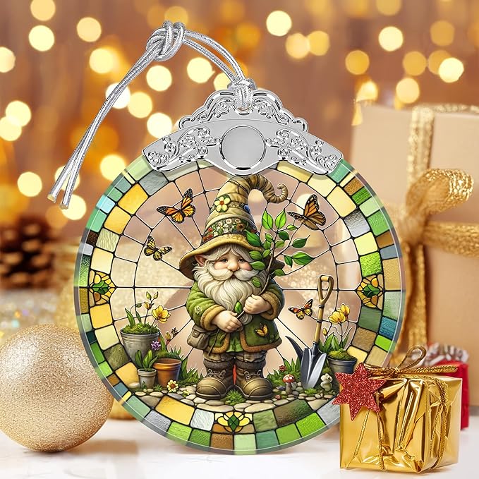 Charming Gnome Stained Glass Ornament - Christmas Tree Decor, Gnome Ornaments for Christmas
