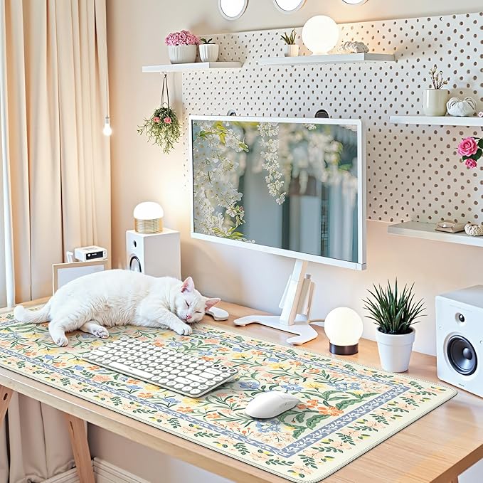 iCasso Desk Matt for Desktop, Desk Pad Mat, Green Floral Computer Mat for Keyboard and Mouse, XXL Large Mouse Pad, Anti-Slip Big Mousepad with Stitched Edges (Green)