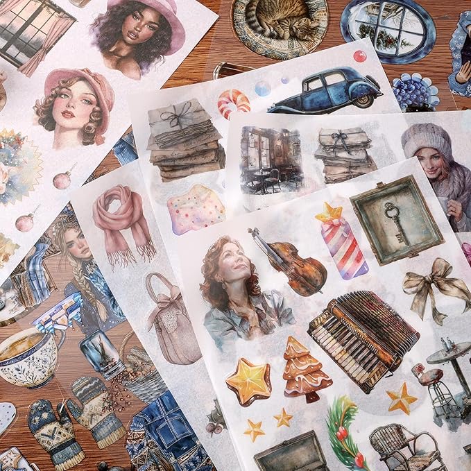 Winter Scrapbook Stickers 20 Sheets 240 Pre-Cut Washi Stickers for Journaling PET Transparent Book Sticker Decorative or DIY Paper Crafts, Arts and Crafting Projects
