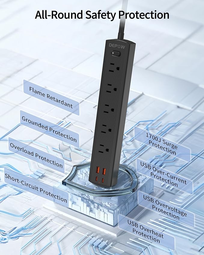 Black Surge Protector Power Strip, Ultra Thin 5 Ft Flat Plug Extension Cord, 1700 Joules, 5 Widely Spaced Outlets with 4 USB Ports (2USB-C), 1875W/15A, Wall Mount for Home Office, Black