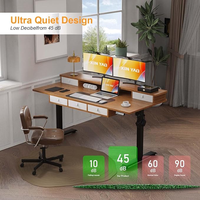 XINYAO Electric Standing Desk with 5 Drawers, 63x30 Inch Extra Wide Height Adjustable Sit Stand Up Desk with Storage Support 290lbs Ergonomic Rising Table with Wheels for Home Office