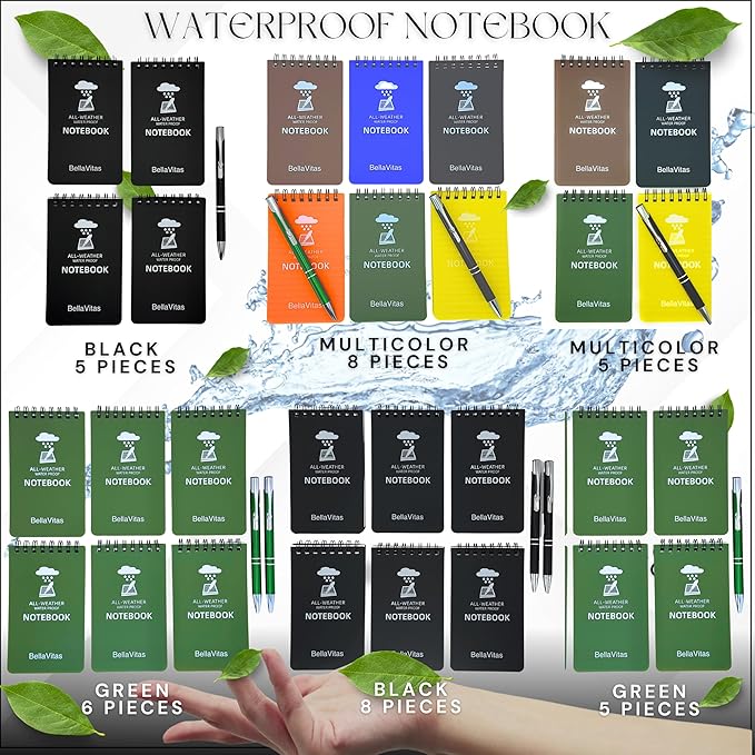 Waterproof 3x5 Notebook Pocket Notebook Small Spiral Notebooks Pocket Notepad Small Notepad 3x5 Pocket Notepad Police Notepad Tactical Notebook and All-Weather pen 4 Pack Green