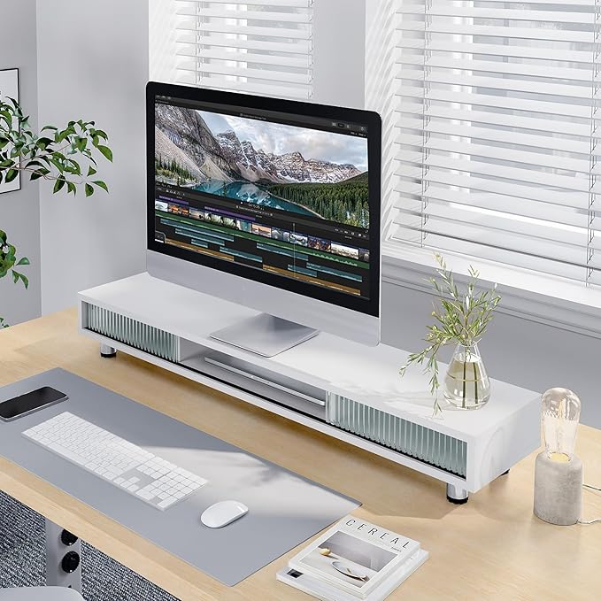 Fenge Dual Monitor Stand, 42.5inch Long Monitor Stands Riser for 2 Monitors, Sliding Door with Storage Organizer Stand for Desk, 2 Tier Desk Shelf for Laptop, Pc, Printer, Computer, TV