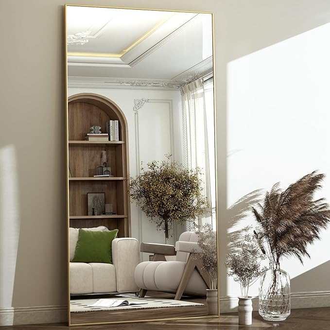 GLSLAND 71"x31" Full Length Mirror Extra Large Hanging or Leaning Rectangle Mirror Aluminum Alloy Thin Frame Bedroom Floor Dressing,Gold
