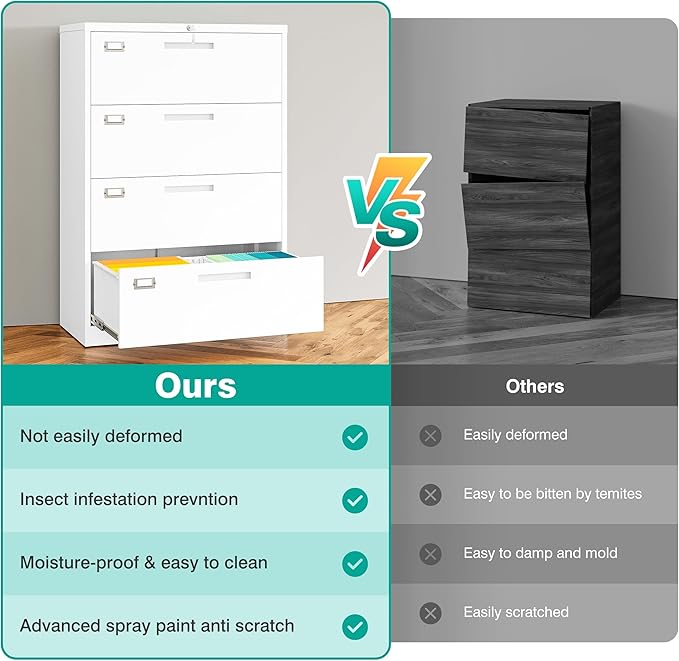 SISESOL 4 Drawer Lateral File Cabinet with Lock,White Lateral Filing Cabinet,Horizontal Metal Filing Cabinets,Locked Wide Four Drawer File Cabinets for Office Home,Fit A4/F4/Letter/Legal File