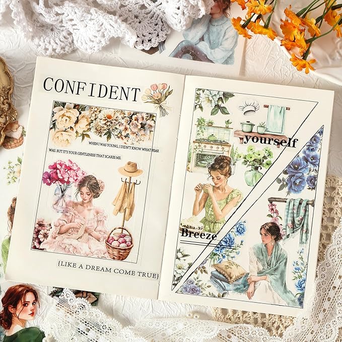 TIAMECH Fog Wildflower Poem Sticker Book - Blue Girl Series, 20 Sheets PET & Washi Stickers for Scrapbooking, Ephemera, Waterproof Junk Journaling Supplies & DIY Crafts