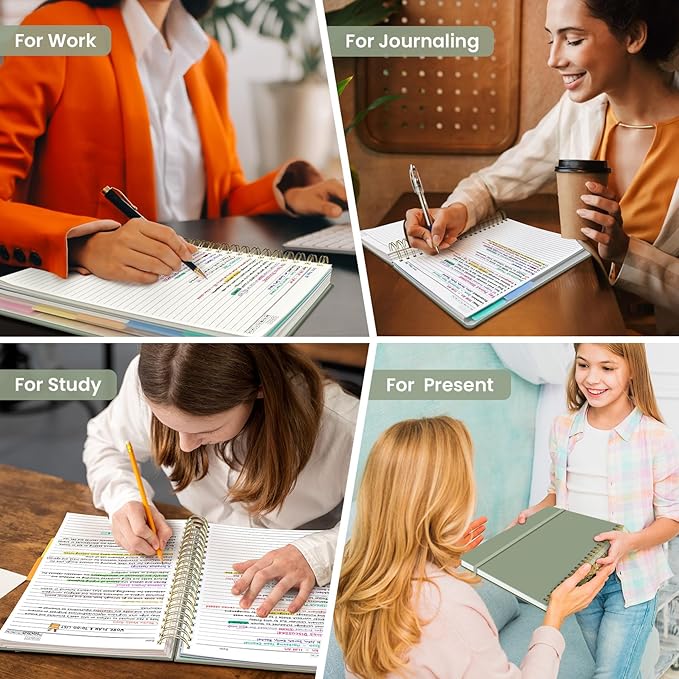 Hardcover Spiral Journal Notebooks for Work With Removable Dividers & Tabs, 8.5"x11" 5 Subject Notebook for Note Taking & Organizer, A4 College Ruled Lined Journal for Women & Writing, Green, 280 Pages