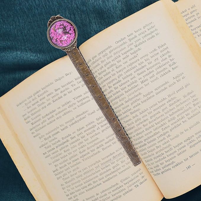 Wisdompro 2 Pcs Metal Bookmark, Retro Vintage Bronze Book Mark Ruler with Dried Flower, Packaged in a Gift Box - an Ideal Gift for Kids, Students, Teachers, Book Lovers - Blue, Hotpink
