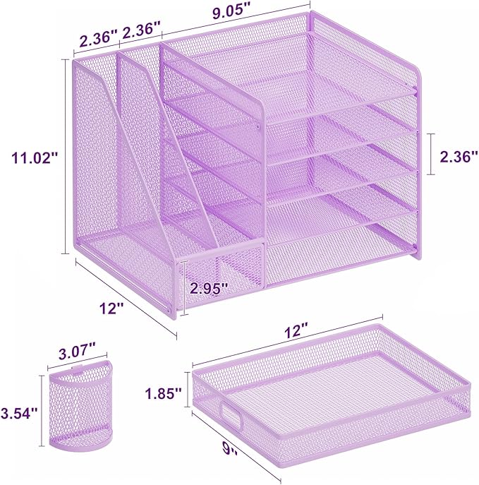 Marbrasse Desk Organizer with File Holder, 5-Tier Paper Letter Tray Organizer with Drawer and 2 Pen Holder, Mesh Desktop Organizer and Storage with Magazine Holder for Office Supplies(Purple)