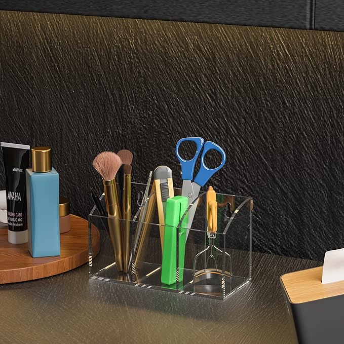 Acrylic Pen Holder Box 3 Compartments, Clear Pencil Storage Organizer for Desk or Wall, Acrylic Organizer Holder for Pens, Office Desk Accessories, Makeup Brush