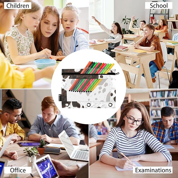 ZAZYXTJ Cow Print Binder Pencil Pouchs 3 Ring with Zipper Clear Window Office Organizers bag for School Students Teacher Supplies 2 Pack