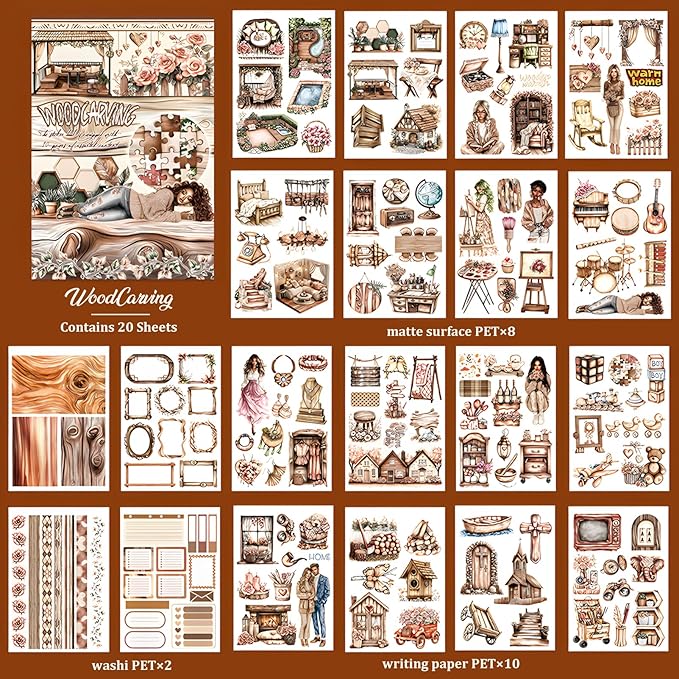 Snycler Woodcarving Theme Sticker Scrapbooking Supplies for Junk Journal, 20 Sheets PET Stickers - Vintage Journaling Stickers, Ephemera Sticker Book Pre Cut, Planner, Junk Journal Supplies