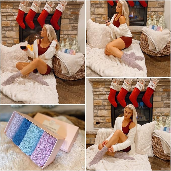 ICEIVY 5 Pair Fuzzy Cozy Socks for Women - Warm Comfy Soft Casual Home Sleep Winter Wool Socks - Gifts for Women