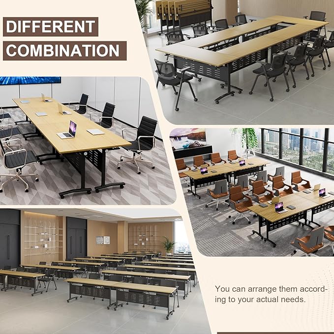 Folding Conference Room Table, Modern Conference Tables with Wheels, Large Rectangular Mobile Training Tables for Office Classroom, Foldable Modular Boardroom Seminar Table Maple (10pack L70.9in)