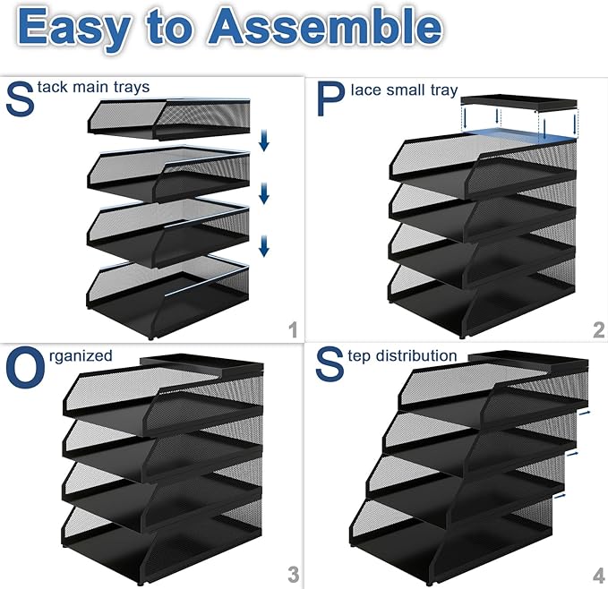 Natwind 4-Tier Stackable Paper Tray, Metal Mesh Desktop Organizer, Paper Sorter, Letter Trays,File Document Storage Rack for for Home, Office, School (Black)
