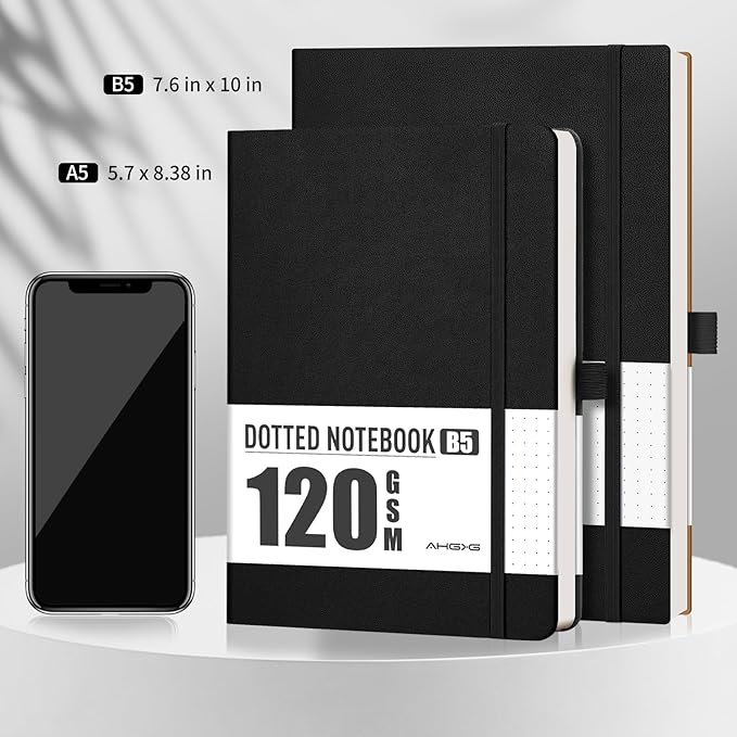 AHGXG Bullet Dotted Journal - Dot Grid Notebook Journal, 120 GSM Thick Acid-Free Paper, A5 Dotted Notebook 160 Pages, Leather Hardcover, Inner Pocket, Journal Stencil, 5.7'' × 8.3'' - Black