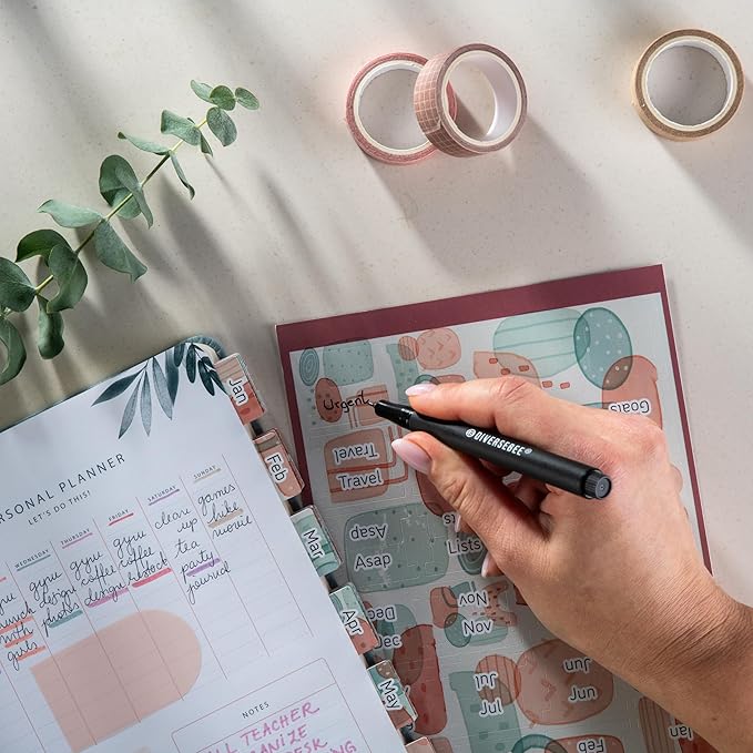 DiverseBee Laminated Planner - 24 Peel and Stick Tabs (12 Monthly, 4 Blank) - Geometric Dividers