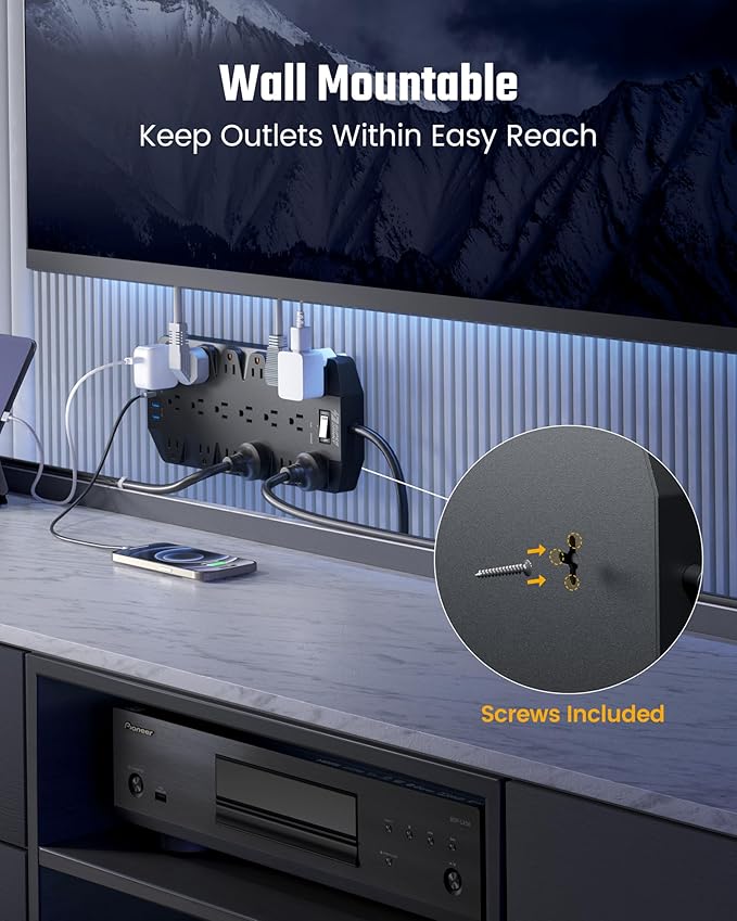 Power Strips with Surge Protection 10 FT, SUPERDANNY 18 AC Outlets and 4 USB Ports, Flat Plug Heavy Duty Extension Cord, 1875W/15A, 2100 Joules for Home, Office, Dorm, Black