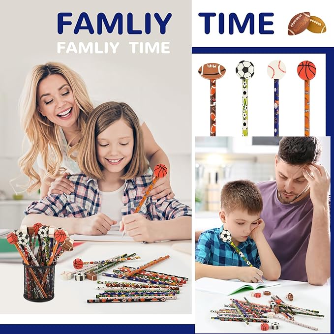 48 Pcs Sports Pencils and Erasers for Boys Girls Sports Birthday Gifts Assortment Stationery Pencils for Students Office School Classroom Supplies.