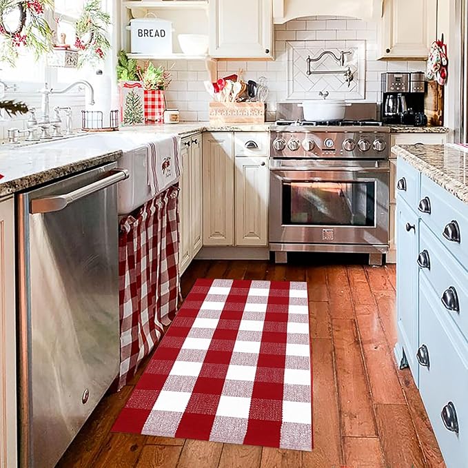 Christmas Plaid Outdoor Rug, 2'x4'3'' Red&White Check Indoor/Outdoor Area Rug, Layering Rug for Hello/Welcome Door Mat, Machine Washable Cotton Woven Rug for Farmhouse Front Porch, Entryway