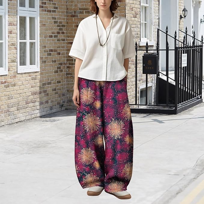 Zaswen Women's Oversize Loose Fit Breathable Pants Wide Leg Lounge Pants Fashion Casual Fireworks Print Trousers with Pockets