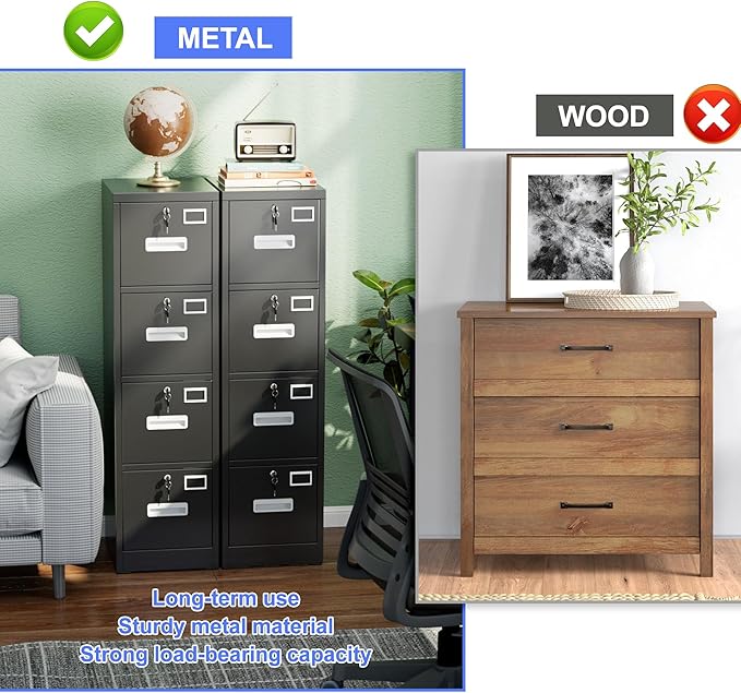 SUXXAN 4 Drawer File Cabinet, Metal Vertical Black Filing Cabinets with Locks Name Card Holder for Home Office, Assembly Required