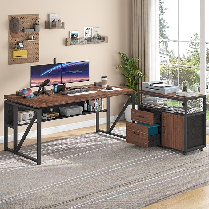 Tribesigns Office Desk with Drawers Sets, 63 inches L Shaped Computer Desk with Mobile File Cabinet,Big Executive Desk for Home Office Furniture Sets (Dark Brown, 63-inch)