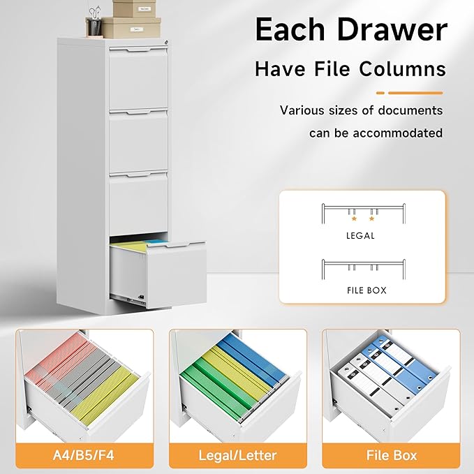 Bestoo 4-Drawer File Cabinet with Lock, Metal Filing Cabinet for Home Office, Vertical Filing Storage Cabinets, Fits File Folders, Letter/Legal/F4/A4 Size, Assembly Required (White)