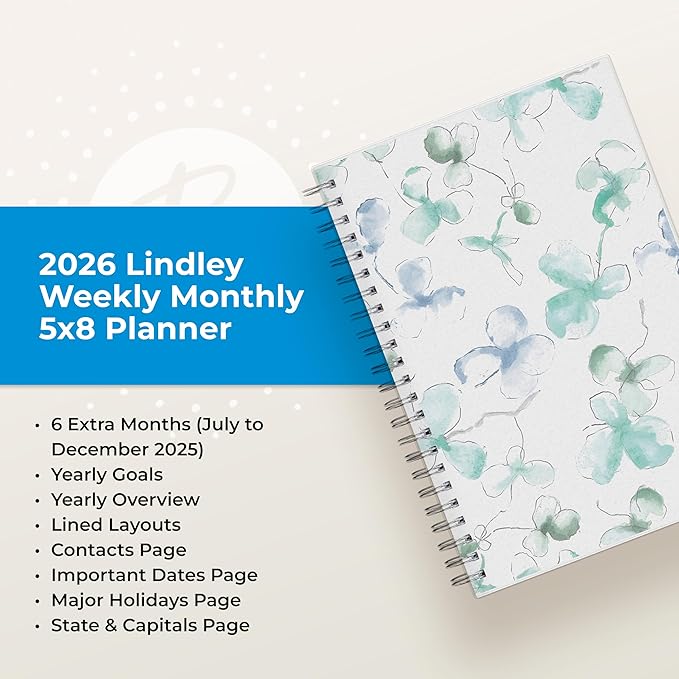 Blue Sky 2026 Weekly and Monthly Planner Calendar, January 2026 - December 2026, 5" x 8", Flexible Frosted Cover, Laminated Tabs, Durable Twin Wire Binding, Lindley