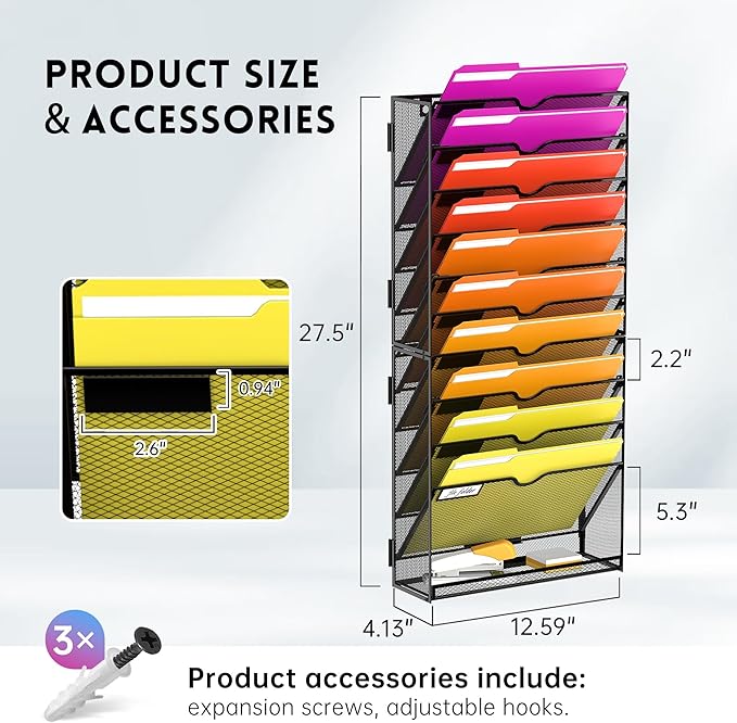 11-Tier Wall File Organizer Hanging File Organizer for Papers, Folders, Files, Magazine, Document, Mesh Wall Mount File Holder for Office Home School, Black 2 Pack