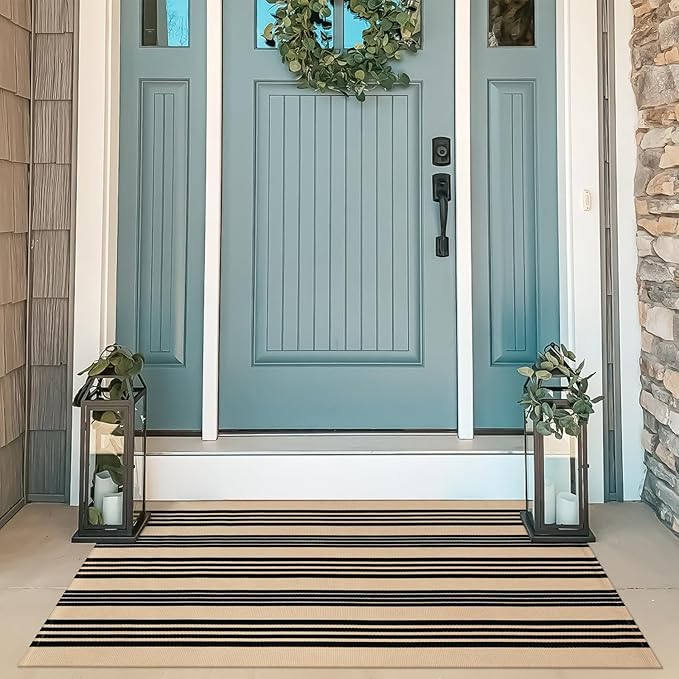 OJIA Christmas Outdoor Rug 3'x5', Black and Tan Area Rug Machine Washable Rugs Cotton Hand Woven Entry Rug Indoor Outdoor Striped Carpet for Front Porch/Deck/Backyard/Camping/Outdoor Decor