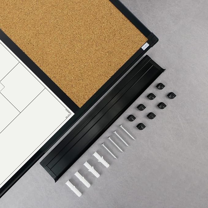 JILoffice Magnetic Calendar Whiteboard & Bulletin Corkboard Combination, Combo Board 28 x 20 Inch, Black Aluminum Frame Wall Mounted Board for Office Home and School with 10 Push Pins