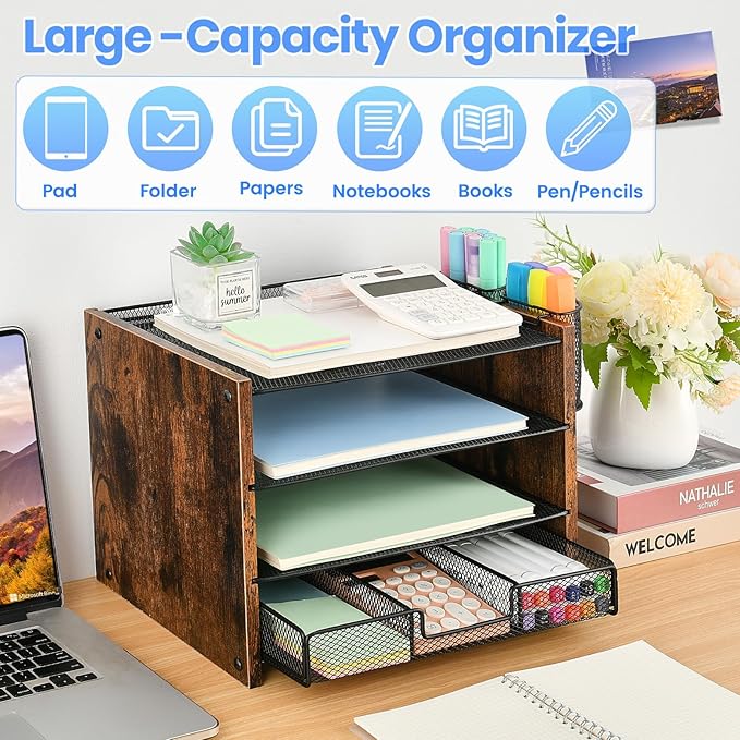 OPNCIE Desk Organizer and Accessories, 4-Tier Paper Letter Tray File Organizer with Drawer & 2 Pen Holder, Office Desk Accessories Workspace Desktop Organizer for Office Supplies(Brown)