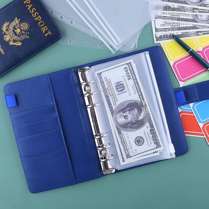 Antner A6 Budget Binder with Zipper Cash Envelopes for Money Organizer & Budgeting, PU Budget Planner Money Saving Binder with Cash Stuffing Envelopes & Labels for Home Office Travel, Navy Blue