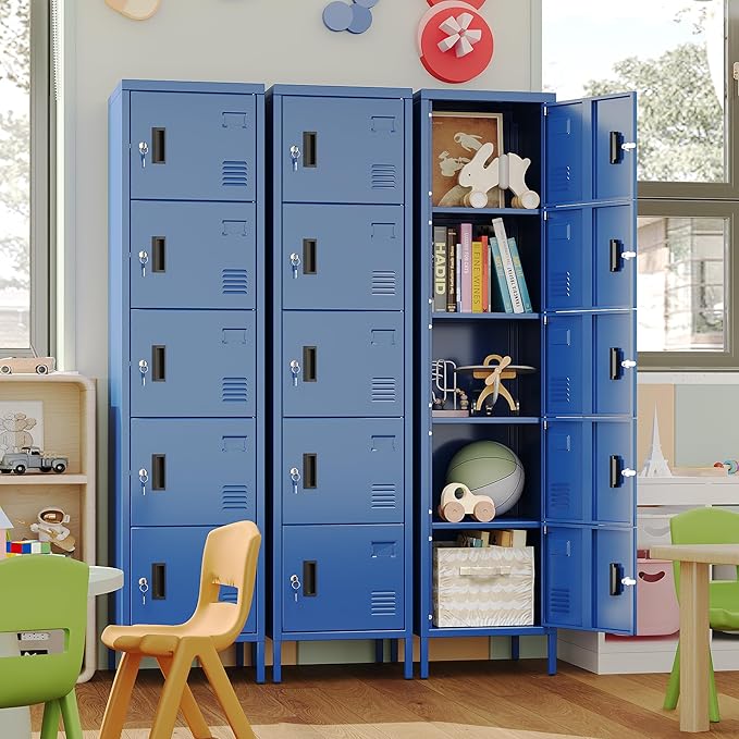 Aobabo 16" W 5 Door Metal Storage Locker with Lock, 66" H Steel Locker with Name Card Holder and Metal Leg for School, Home, Office, Playroom, Assembly Required, Blue