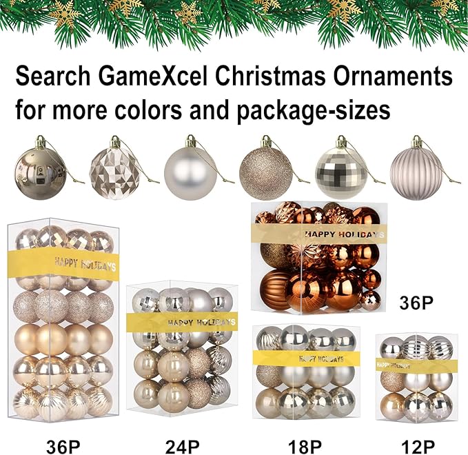 Champagne Gold Christmas Ornaments - Christmas Tree Decorations Shatterproof Hanging Balls for Birthday Wedding Holiday Decor Set of 36pcs, Multi-Sizes(1.6",2.5",3.2")