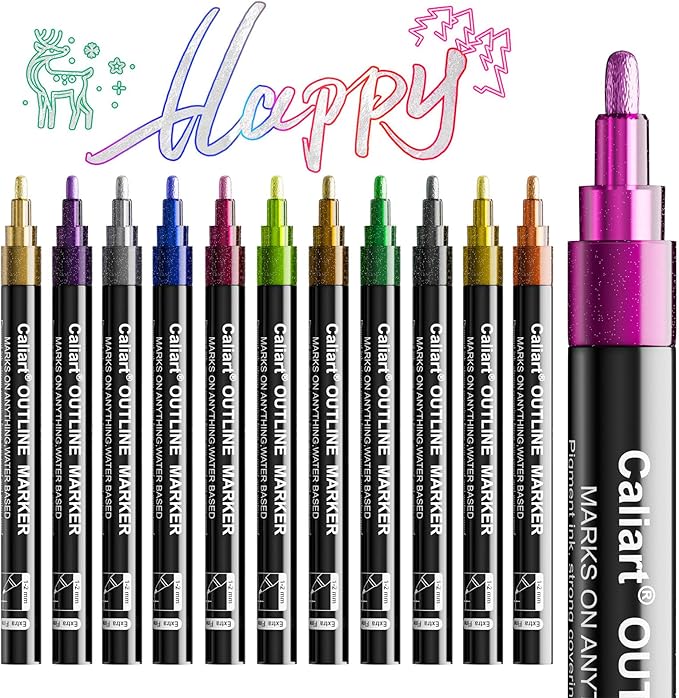 Caliart 12 Colors Outline Shimmer Markers, Glitter Metallic Marker Pens, Stocking Stuffers for Teen Girls Boys Adults Christmas Gifts Trendy Stuff, Cool Fun Craft Drawing Art Supplies Set
