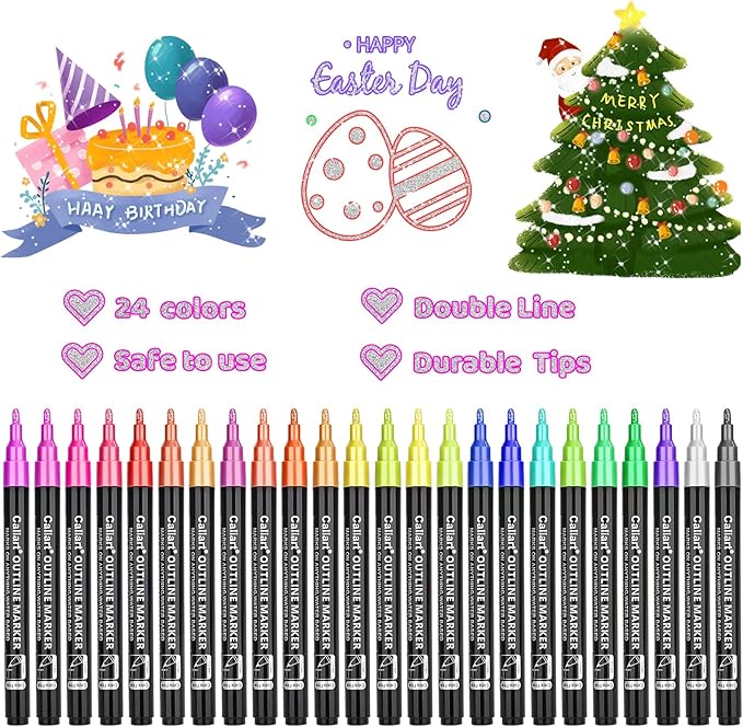 Caliart Outline Glitter Markers, 24 Colors Shimmer Metallic Glitter Pens Tween Teen Girl Gifts Trendy Stuff, Cool Fun Craft Arts Supplies Set for Kids 4-6-8-10-12