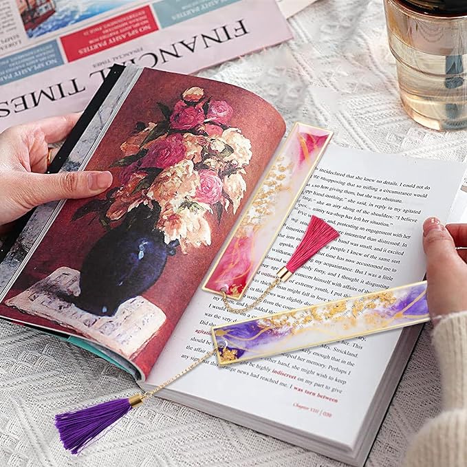 Bookmarks for Women, Kaluofan 2PCS Book Marks for Reading, Durable Handmade Cute Resin Bookmarks, Perfect Gift for Lover Mother Friends Teachers on Valentine's Day Christmas (Rose Red&Deep Purple)