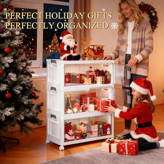 OlarHike 76QT Lockable Storage Bins with Lids - Folding Storage box with Doors and Wheels, Collapsible Plastic Bins for Closets, Stackable Organizer and Containers, Christmas Gifts, 3 Pack Cubes