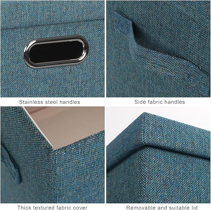 Large 17" 36 Quart Collapsible Stackable Storage Bins with Lids, 3 Packs Blue-Green Linen Fabric Closet Boxes with Lids, Storage Cube Baskets Container Organizers for Bedroom (17x12x11)