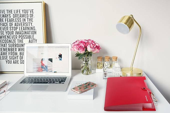 SKYDUE 8 Pockets Expanding File Organizer, Expandable File Folders with Pockets, Portable Document Paper Organizer, A4 Letter Size Filing Folder, Snap Closure, Red