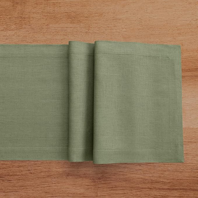 Solino Home Linen Oil Green Table Runner 108 Inches Long - 100% Pure Linen 14 x 108 Inch Table Runner for Fall, Autumn, Thanksgiving - Fete
