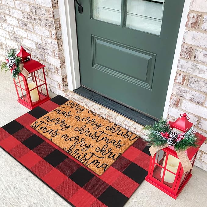 KIMODE Buffalo Plaid Outdoor Rug Red and Black 24"X35",Washable Christmas Front Door Mat,Reversible Cotton Hand-Woven Layering Rug for Front Porch Christmas Decor,Entryway,Kitchen