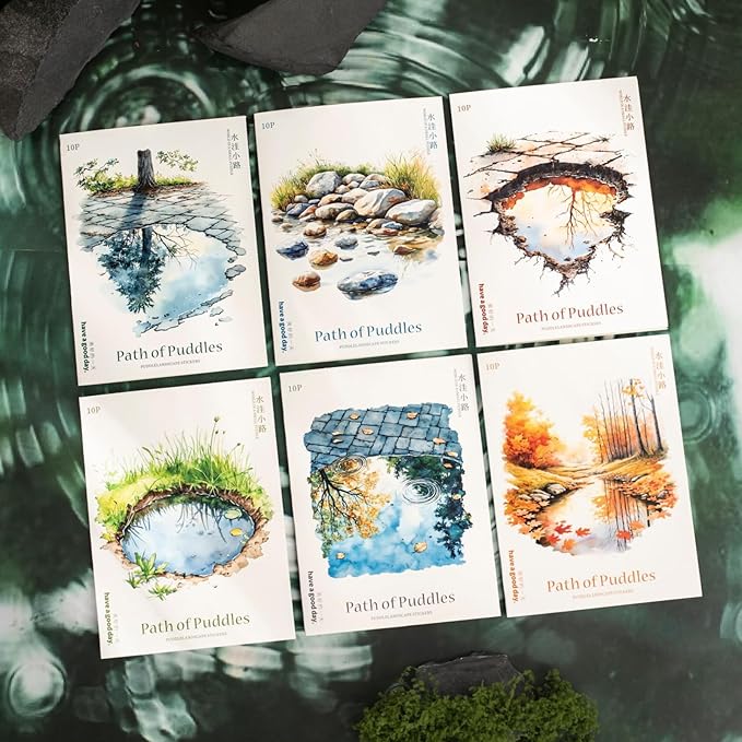 60 Pieces Aesthetic Landscape Creation PET Sticker Set, 6 Pack Vintage Puddles Scenery PET Stickers for Scrapbooking, Journaling, Waterproof DIY Crafts, and Junk Journal