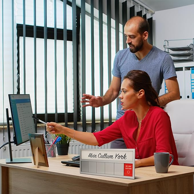 Name Plate for Desk& Office Door Sign, 6 Options Do Not Disturb, In A Meeting, Out of Office, Working Remotely, Please Knock, Stick or Stand with Desk Name Plate, Brushed silver