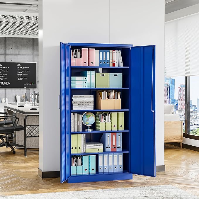 STANI Metal Garage Storage Cabinet with Lock, 71" Steel Lockable File Cabinet, Locking Steel Storage Cabinet with 5 Adjustable Shelves for Home, Office, Garage, Warehouse (Blue, 2 Door - 71" H)