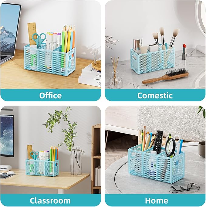Marbrasse Mesh Pen Holder for Desk,Pencil Holder Desk Organizer 3 Adjustable Compartments,Pencil Cup with Handle Perfect for Classroom, Office, Home,Makeup,Art (Blue)