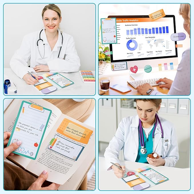 Xqumoi School Nurse Sticky Notes Set - Cute Cartoon Medical Self-Stick Note Pads Writing Memo Pad Page Marker Bookmarker for Nursing Student Essentials Hospital Gift Back to School Office Supplies